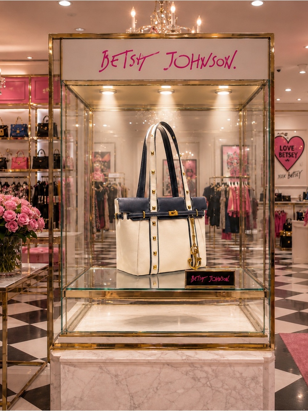 Betsey Johnson Shore Thing Belted Canvas Cream and Navy Stud Trim Tote Bag